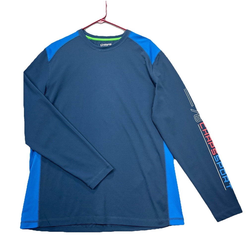 Chaps Sport performance shirt Mens L Long Sleeve Spellout Blue Knit Pullover